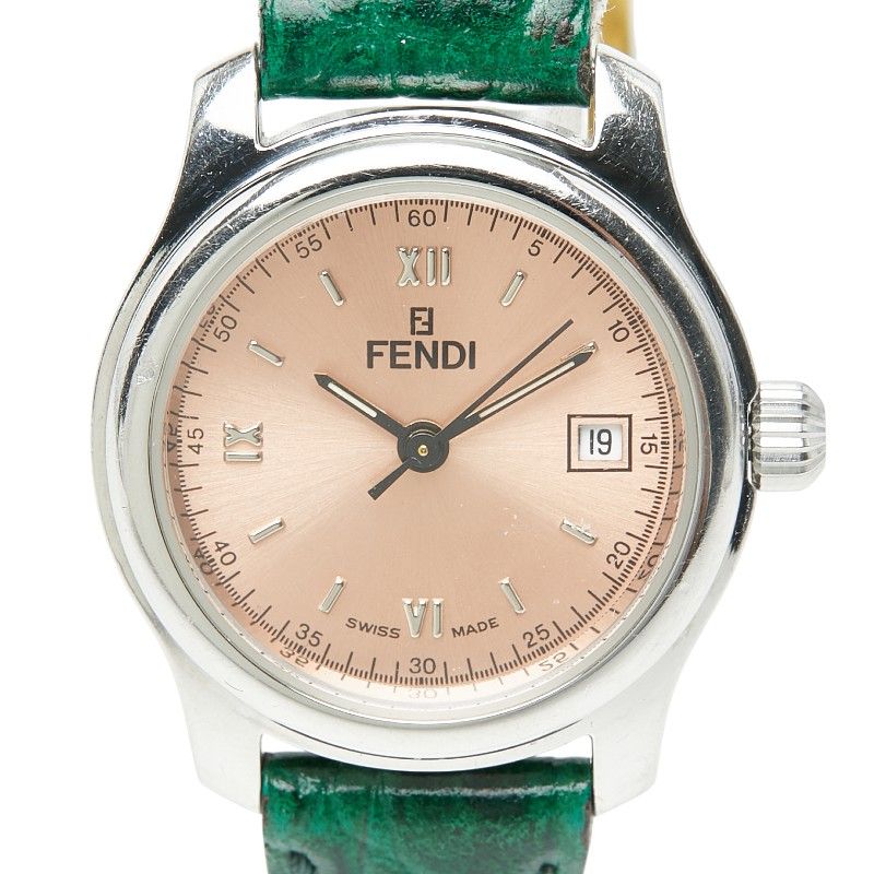 Fendi Orologi 3 Hand Watch Pink Silver Green Stainless Steel Leather