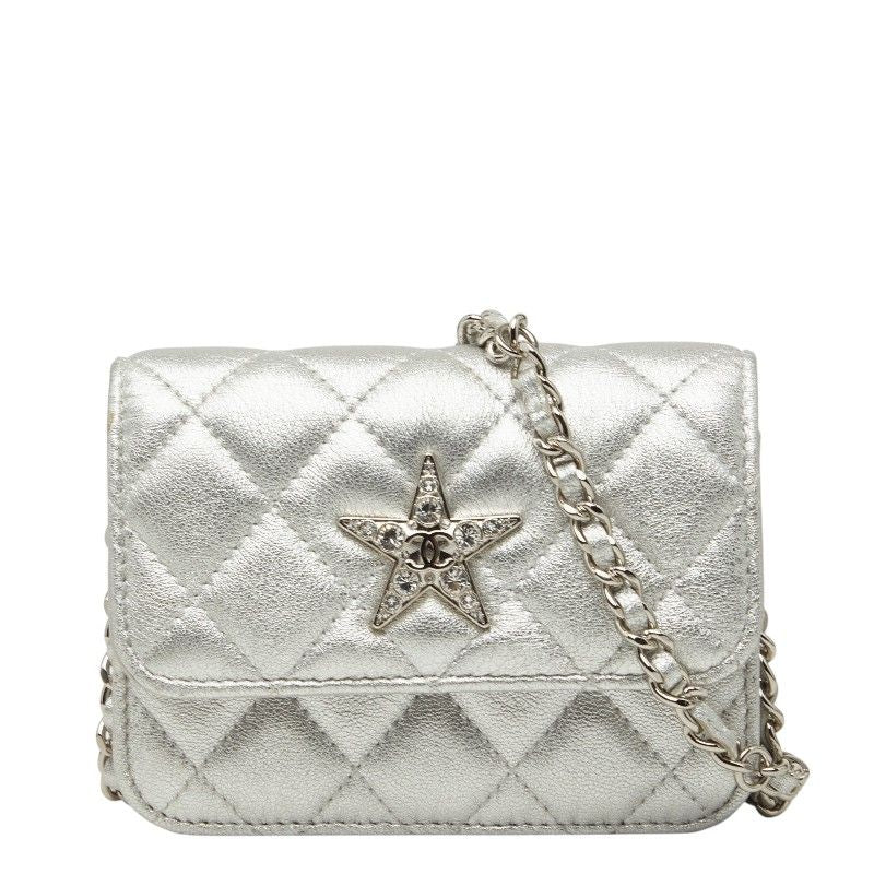 Chanel Mini Quilted CC Logo Chain Shoulder Bag Pochette Silver Leather