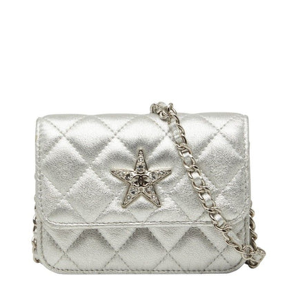 Chanel Mini Quilted CC Logo Chain Shoulder Bag Pochette Silver Leather