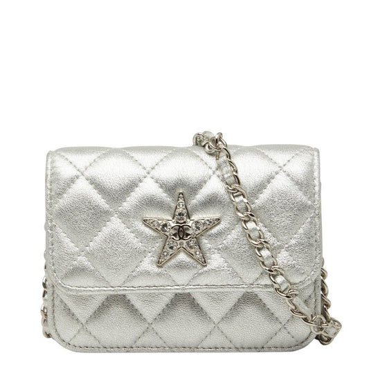 Chanel Mini Quilted CC Logo Chain Shoulder Bag Pochette Silver Leather