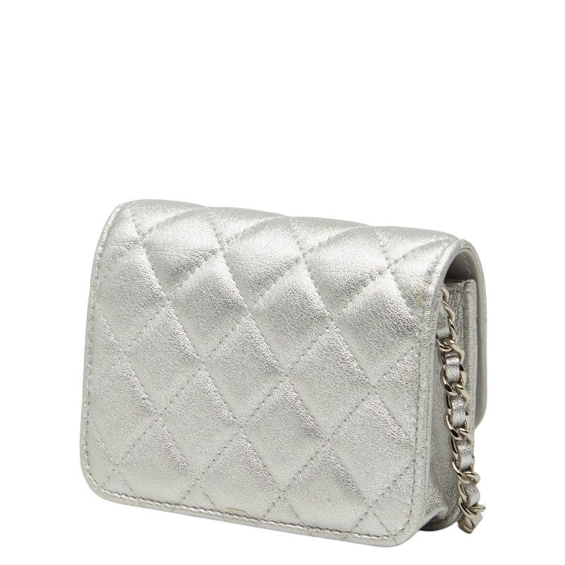 Chanel Mini Quilted CC Logo Chain Shoulder Bag Pochette Silver Leather — view 2