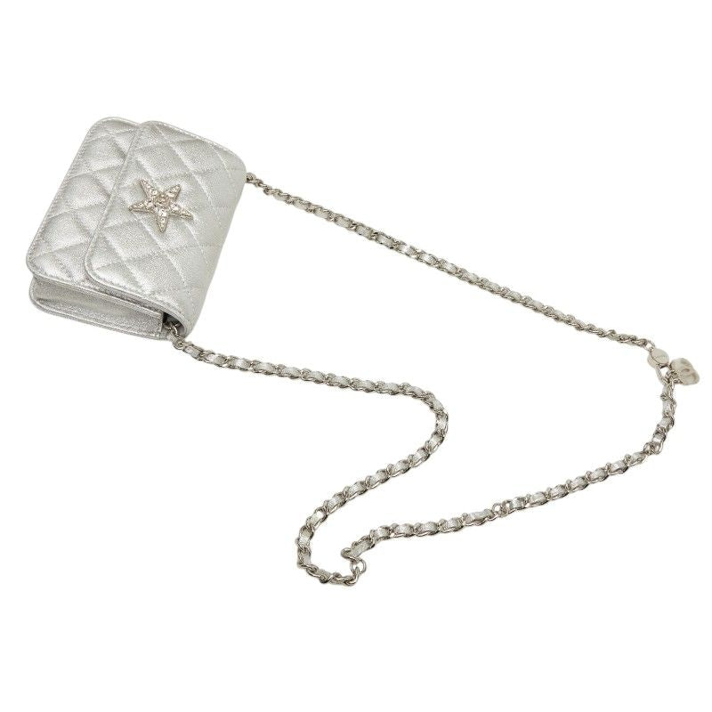 Chanel Mini Quilted CC Logo Chain Shoulder Bag Pochette Silver Leather — view 6