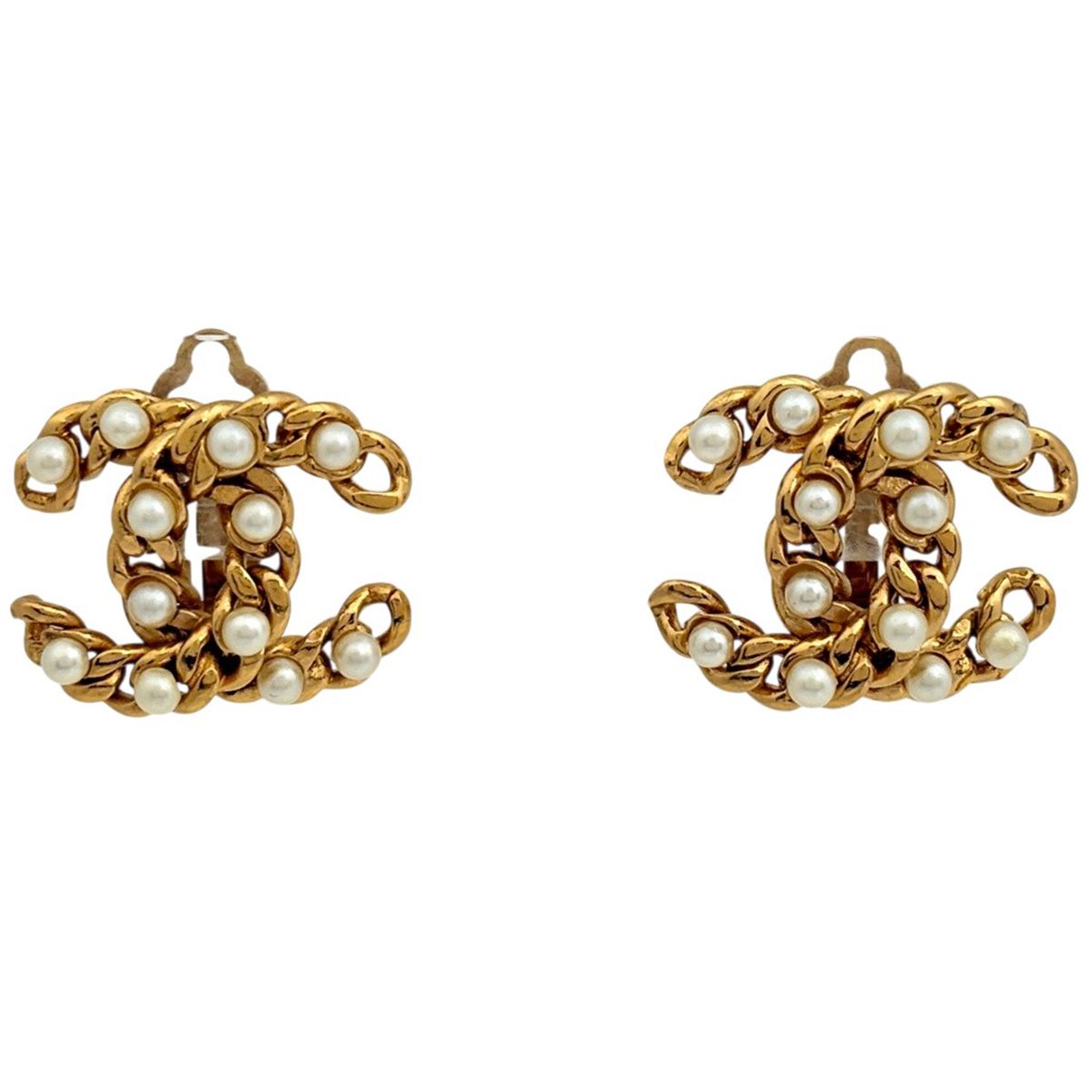 Chanel CC Logo Faux Pearl Earrings Gold Plated