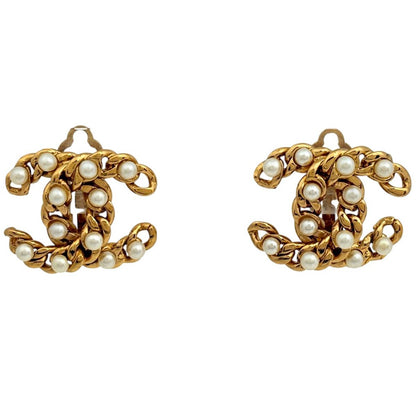 Chanel CC Logo Faux Pearl Earrings Gold Plated