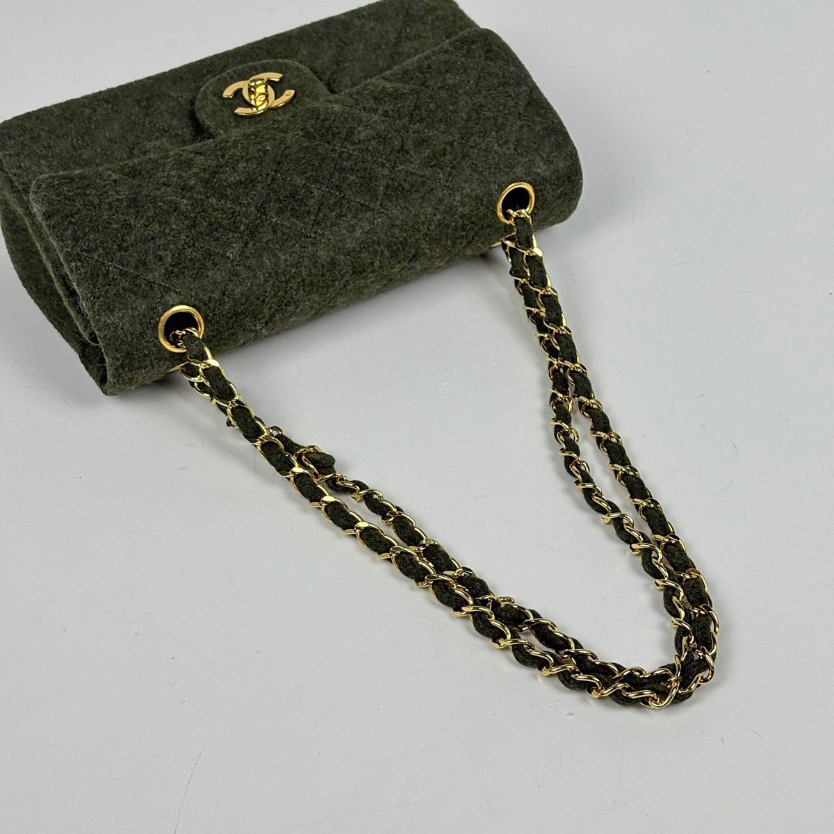 Chanel Quilted Double Flap Chain Shoulder Bag CC Logo Fabric Dark Green — view 6