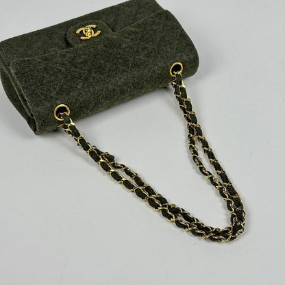 Chanel Quilted Double Flap Chain Shoulder Bag CC Logo Fabric Dark Green — view 6