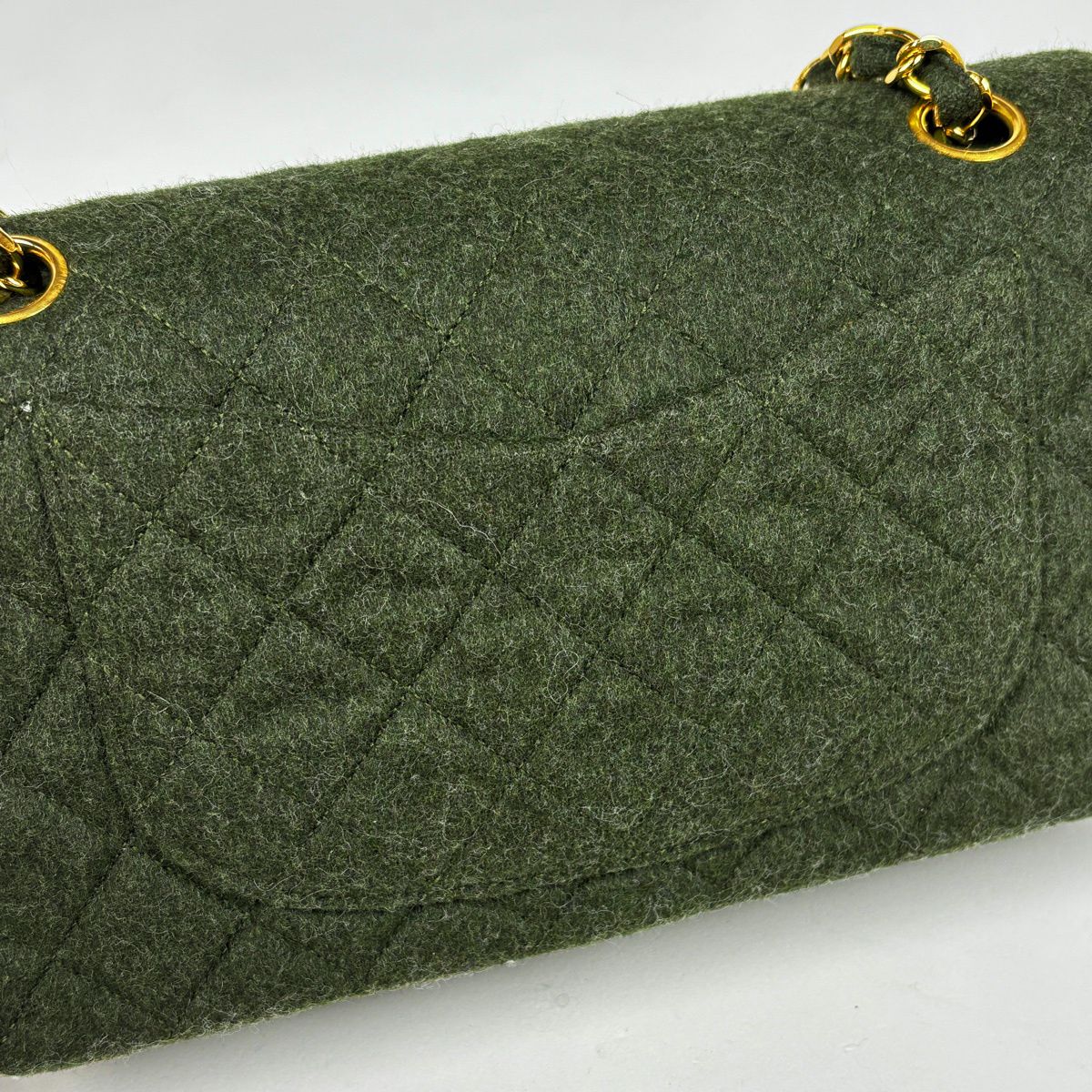 Chanel Quilted Double Flap Chain Shoulder Bag CC Logo Fabric Dark Green — view 4