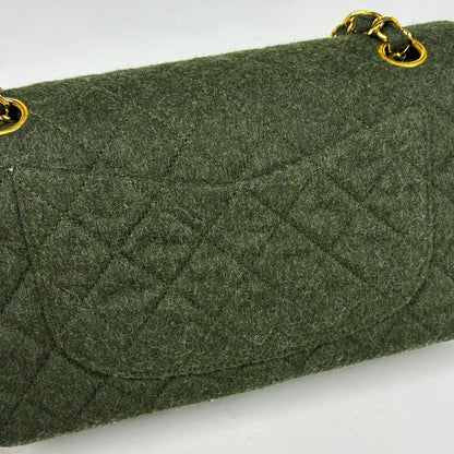 Chanel Quilted Double Flap Chain Shoulder Bag CC Logo Fabric Dark Green — view 4