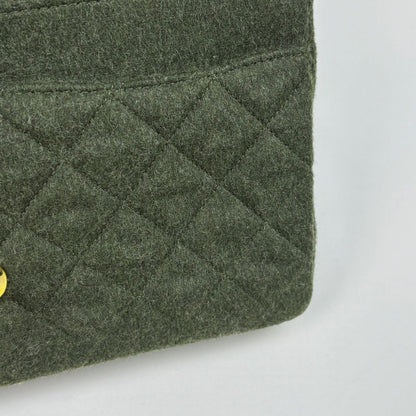 Chanel Quilted Double Flap Chain Shoulder Bag CC Logo Fabric Dark Green — view 7