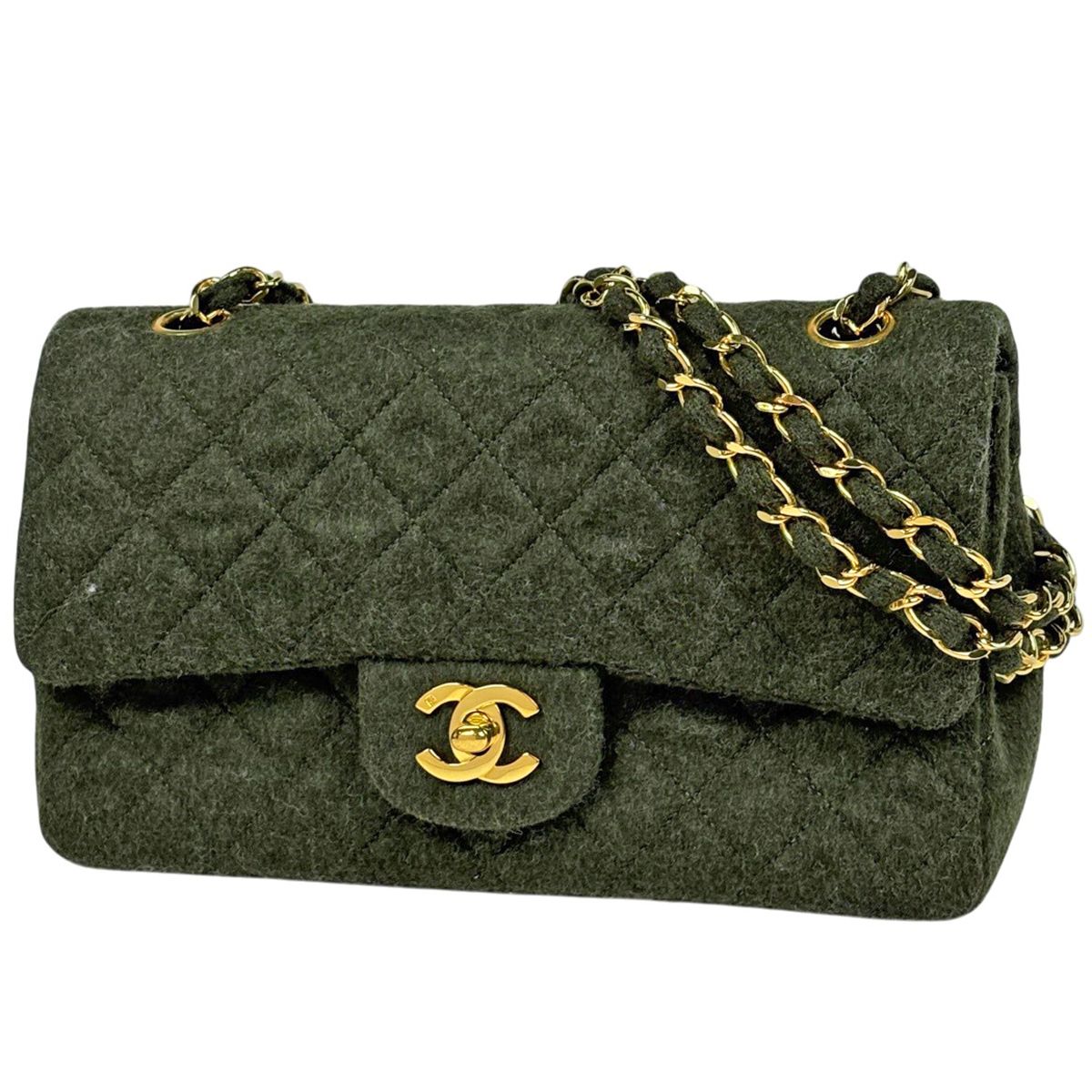 Chanel Quilted Double Flap Chain Shoulder Bag CC Logo Fabric Dark Green