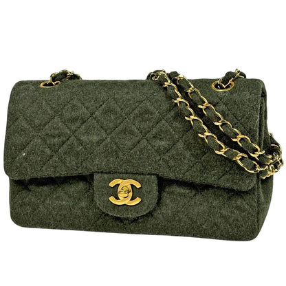 Chanel Quilted Double Flap Chain Shoulder Bag CC Logo Fabric Dark Green