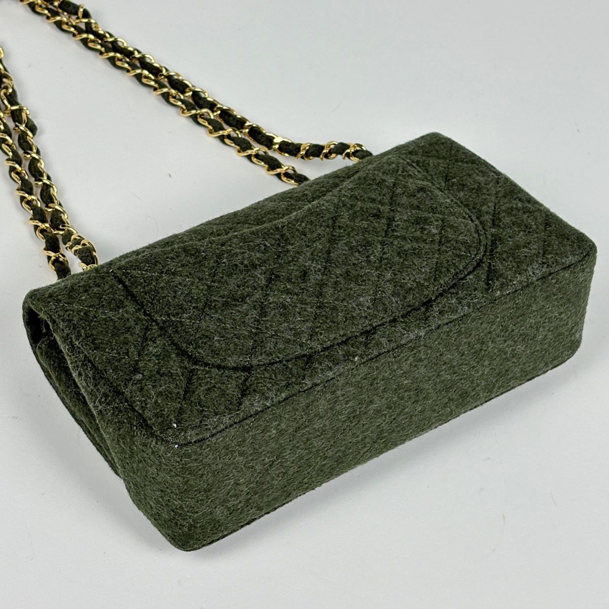 Chanel Quilted Double Flap Chain Shoulder Bag CC Logo Fabric Dark Green — view 2