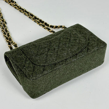 Chanel Quilted Double Flap Chain Shoulder Bag CC Logo Fabric Dark Green — view 2