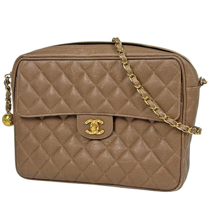 Chanel CC Logo Chain Shoulder Bag Quilted Leather Brown