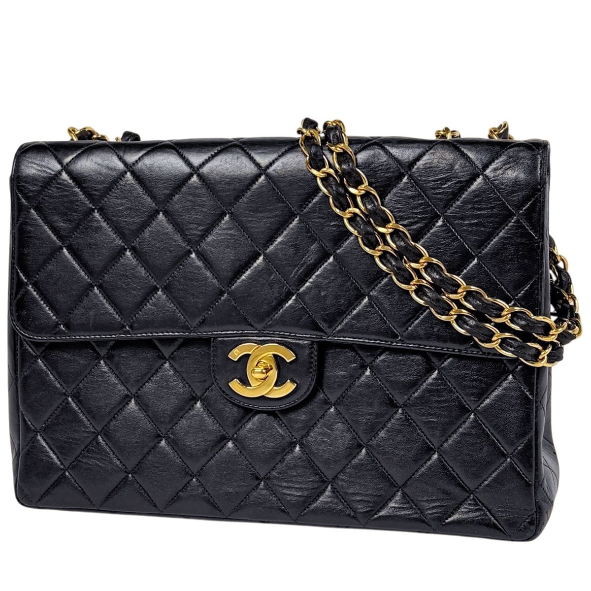 Chanel Big Quilted Single Flap Chain Shoulder Bag CC Logo Leather Black
