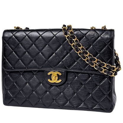 Chanel Big Quilted Single Flap Chain Shoulder Bag CC Logo Leather Black