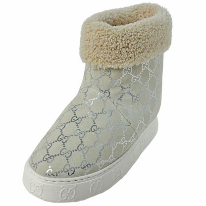Gucci GG Pattern Snow Boots Merino Wool Shoes Suede Shearling White