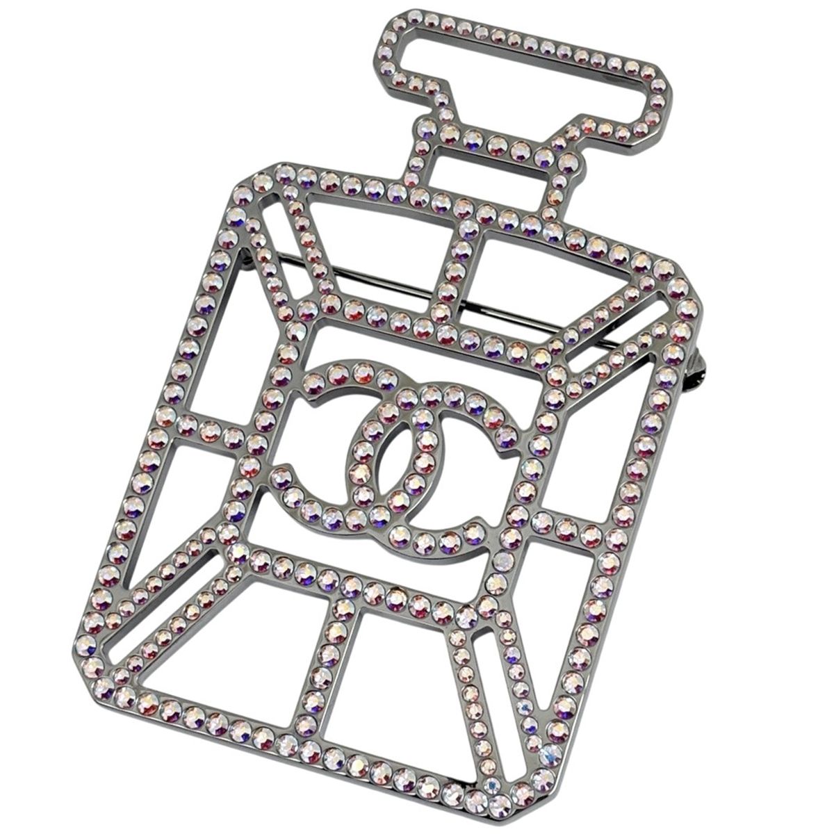 Chanel CC Logo Rhinestone Brooch Perfume Bottle Motif Silver Plated