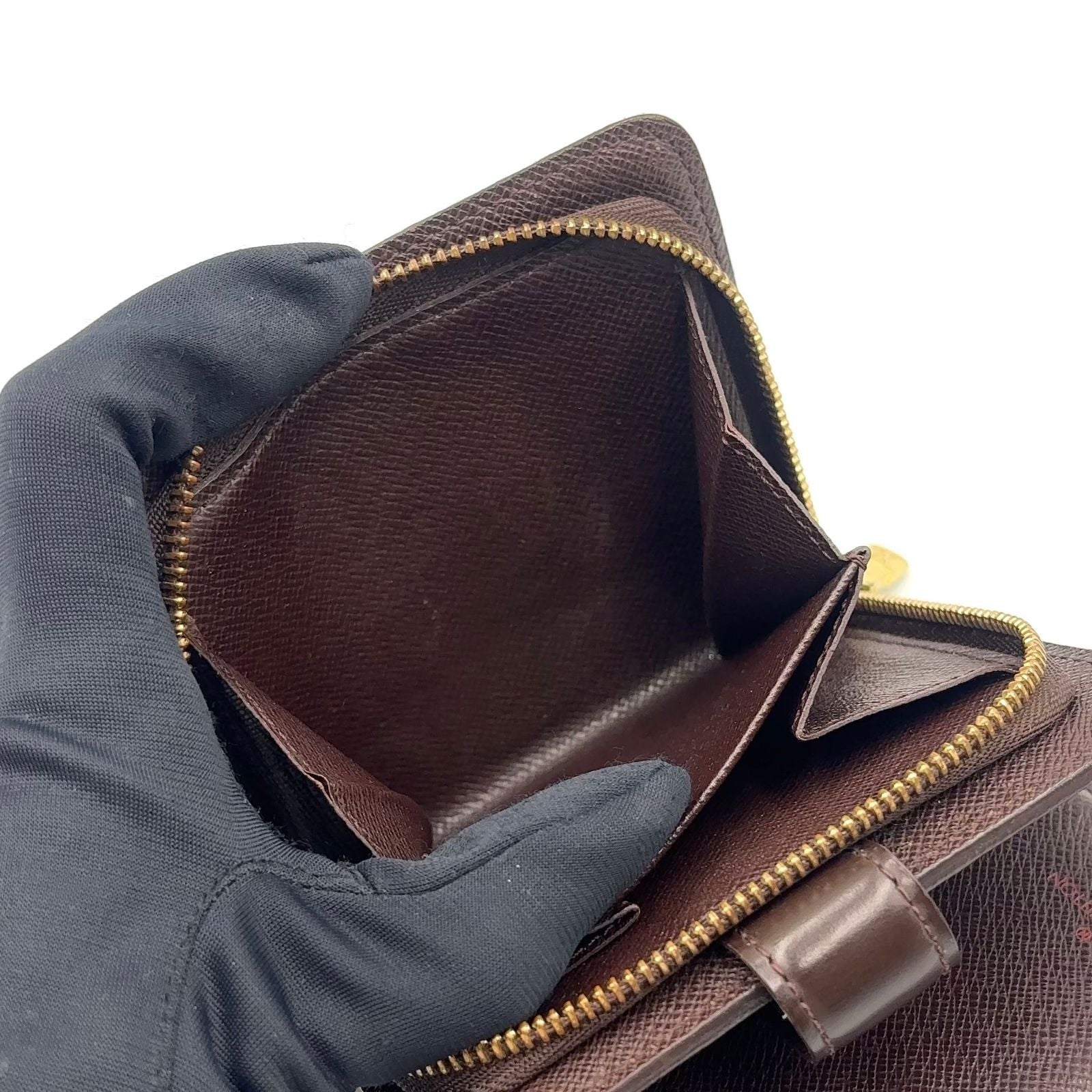 Louis Vuitton Compact Zip Damier Ebene Leather Brown Bifold Wallet Gold — view 8