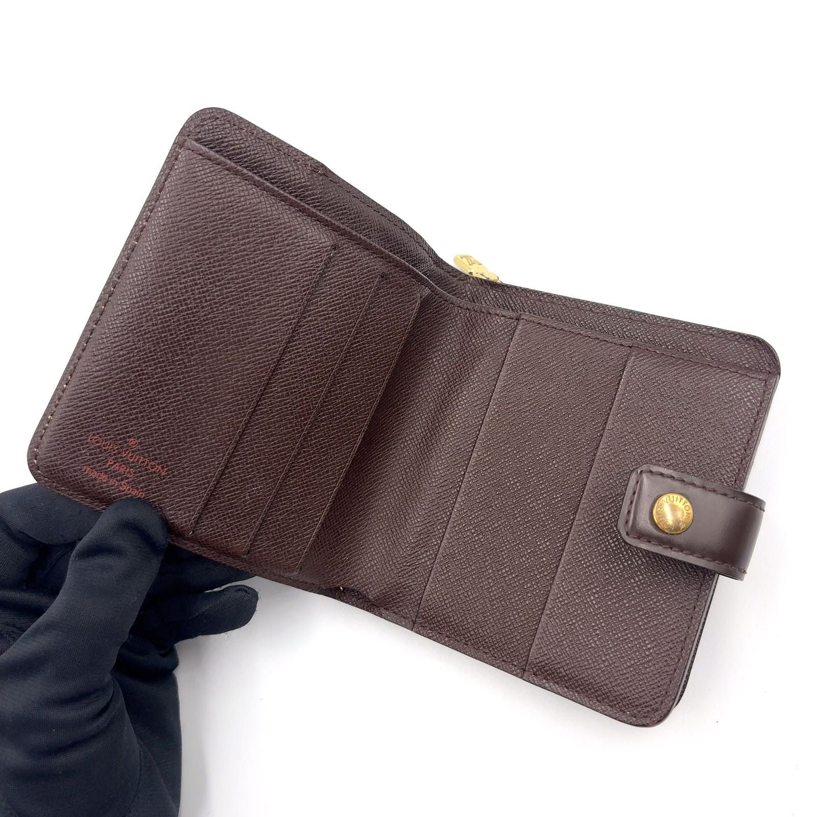 Louis Vuitton Compact Zip Damier Ebene Leather Brown Bifold Wallet Gold — view 3
