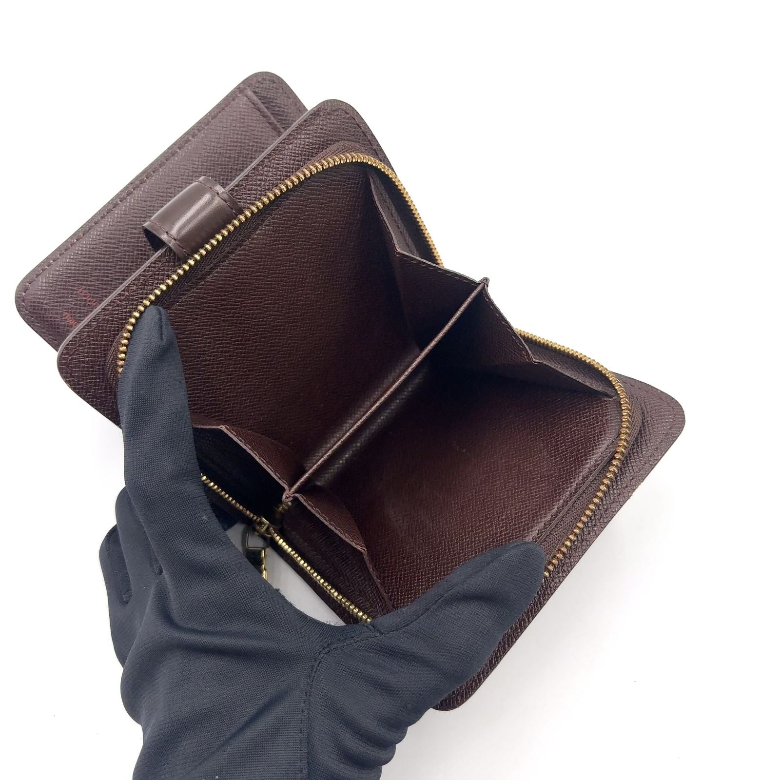 Louis Vuitton Compact Zip Damier Ebene Leather Brown Bifold Wallet Gold — view 4