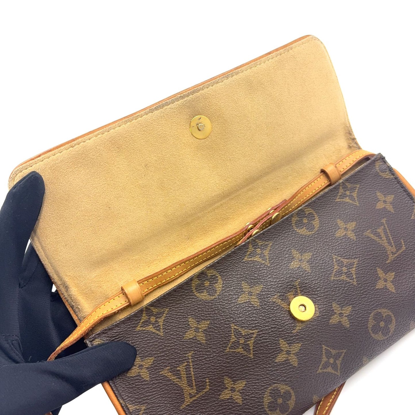 Louis Vuitton Pochette Twin GM Monogram Leather Brown Shoulder Bag Gold — view 8