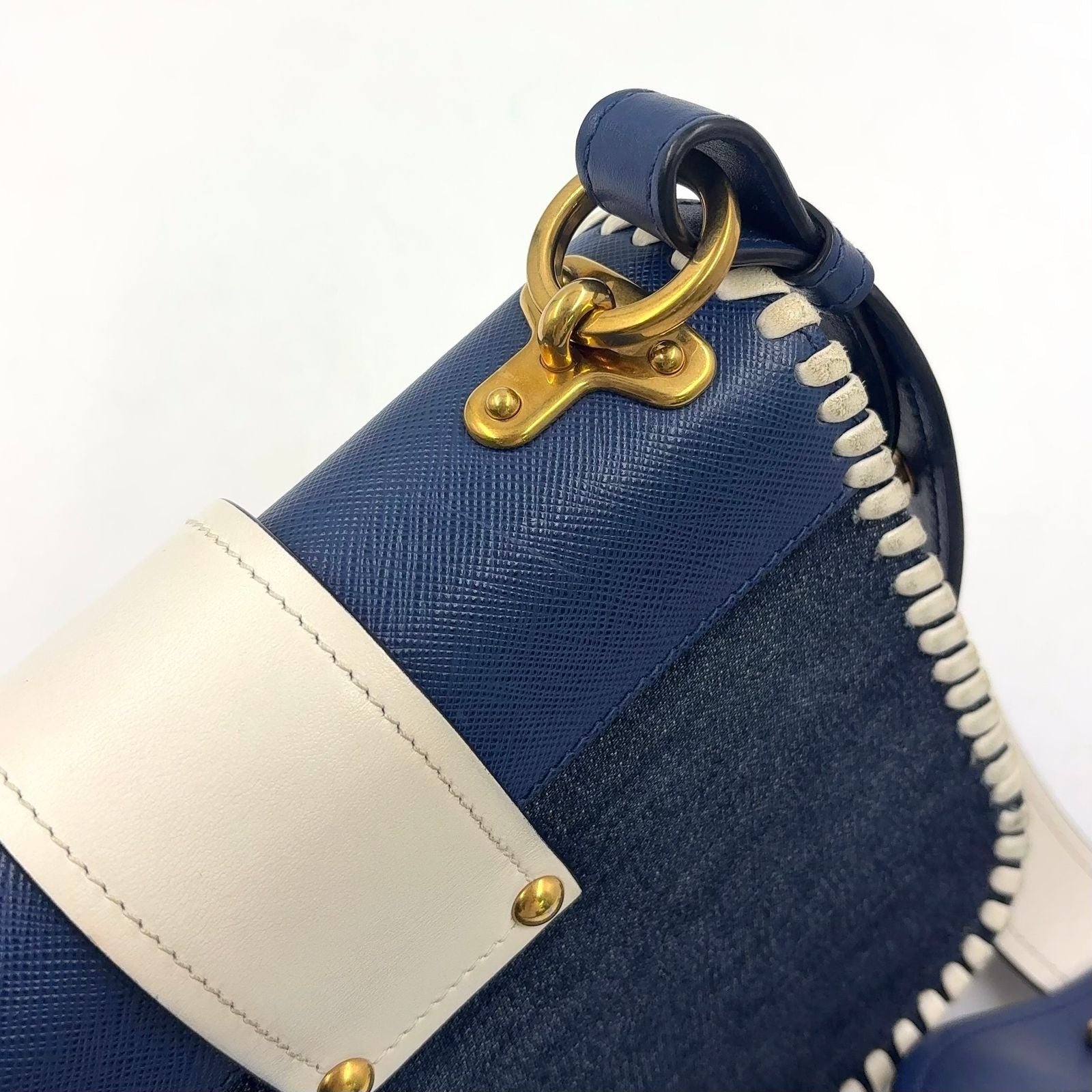 Prada Cahier Leather Navy White Shoulder Bag Gold — view 8