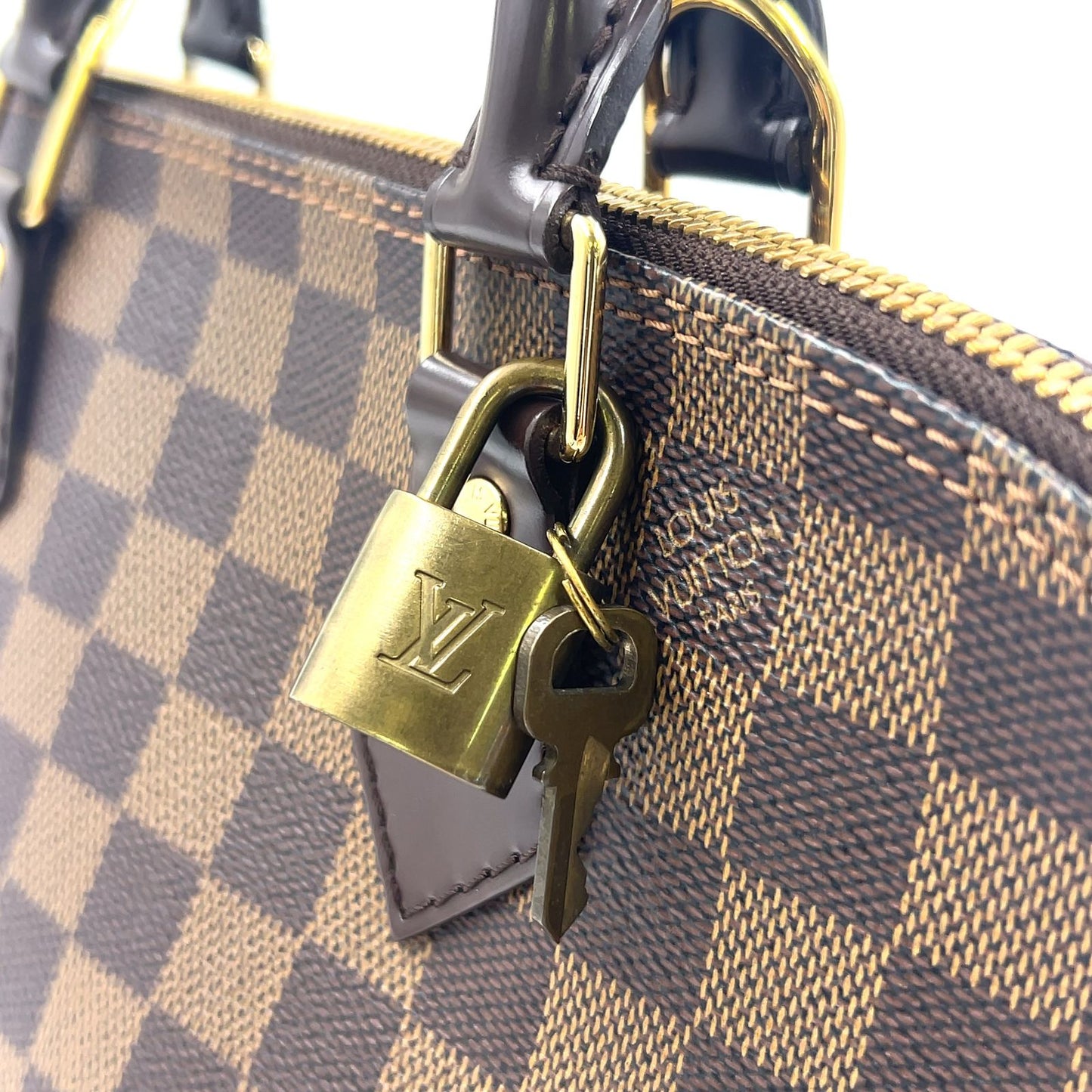 Louis Vuitton Alma PM Damier Ebene Leather Brown Handbag Gold — view 8