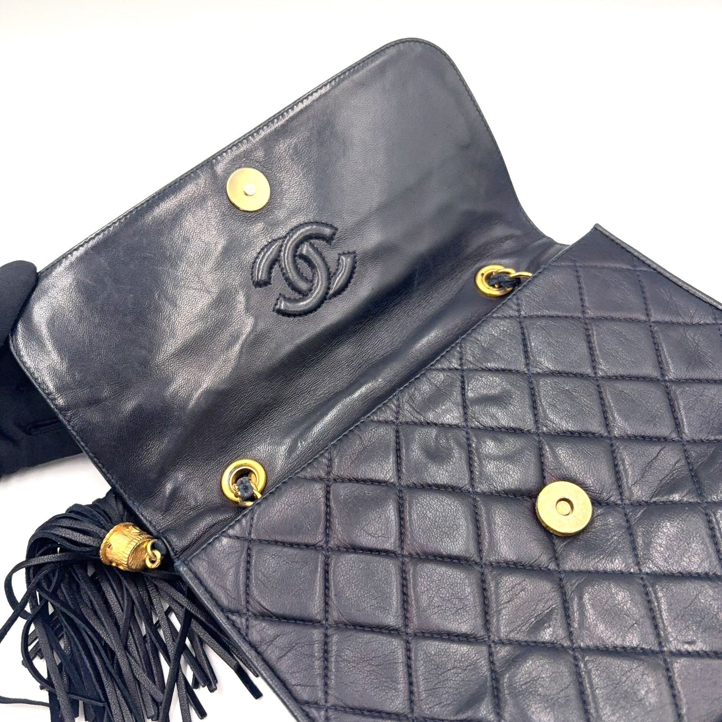 Chanel Quilted Fringe Lambskin Black Chain Shoulder Bag Gold — view 8