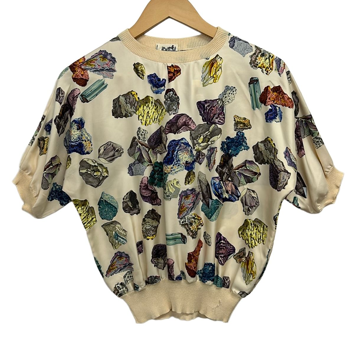 Hermes Short Sleeve Top 36 Beige Multi Silk Ore Pattern