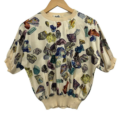 Hermes Short Sleeve Top 36 Beige Multi Silk Ore Pattern