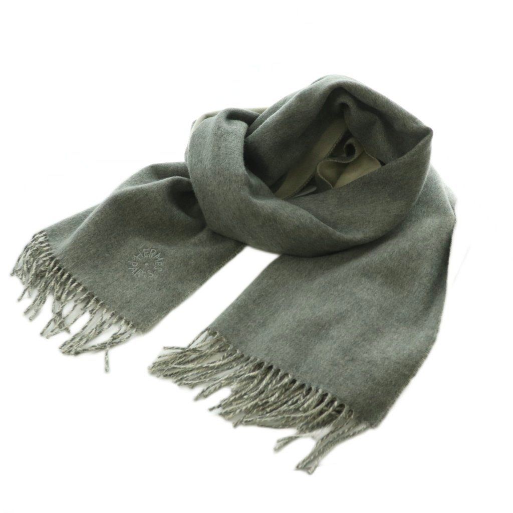 Hermes Shawl Cashmere Fringe Double Face Gray Scarf