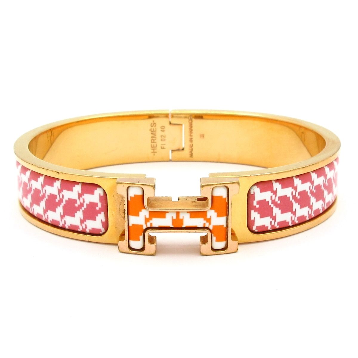 Hermes Bangle Click Gold White Pink Orange Houndstooth Bracelet