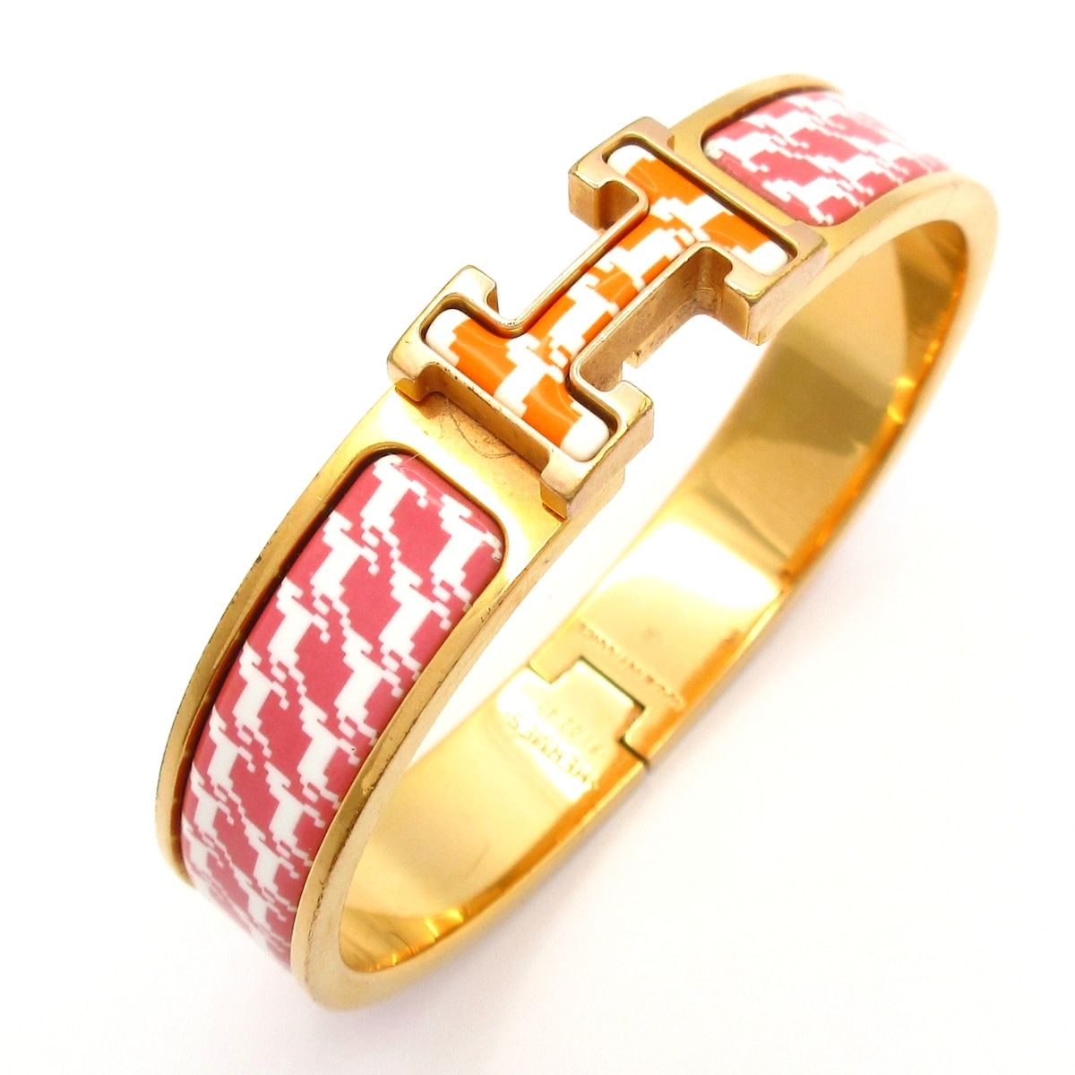 Hermes Bangle Click Gold White Pink Orange Houndstooth Bracelet — view 6