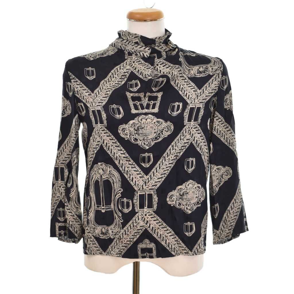 Hermes Blouse Shirt Top Long Sleeve with Belt High Neck Back Zip All Over