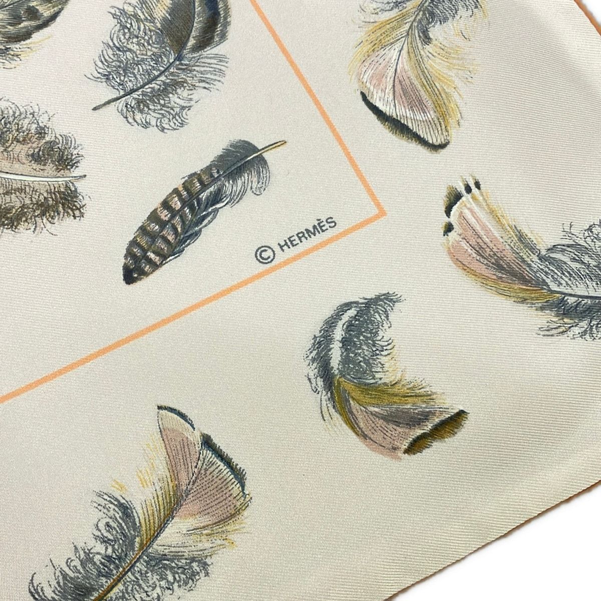 Hermes Scarf Ivory Orange Multi Feather Pattern Angora Silk — view 3