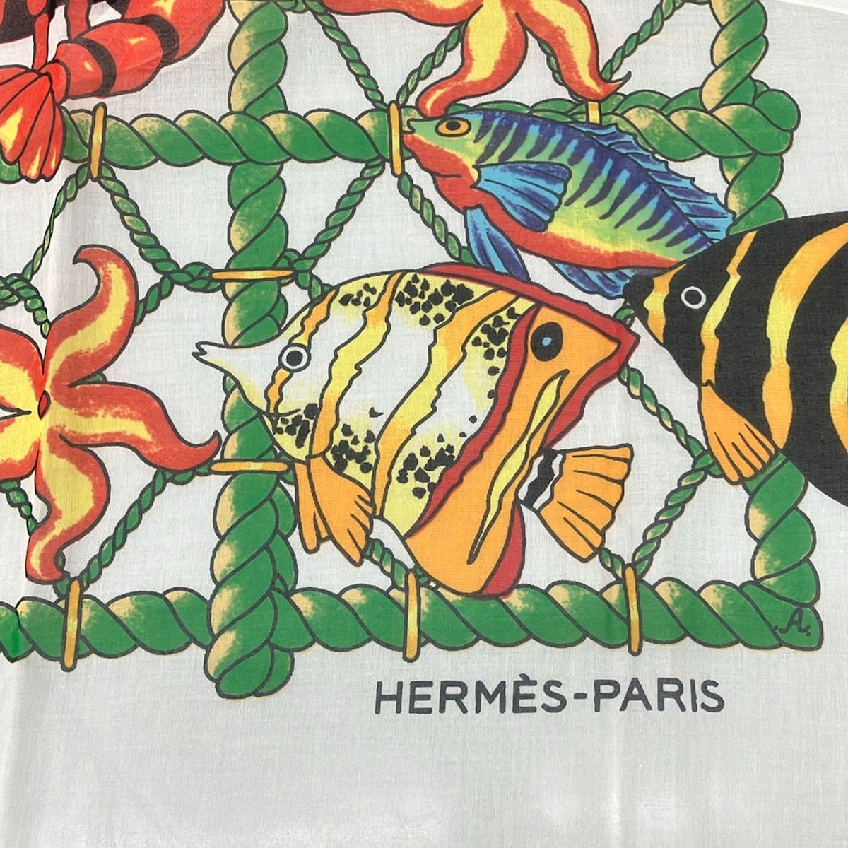 Hermes Shawl White Orange Multi Pareo Fish Cotton — view 6