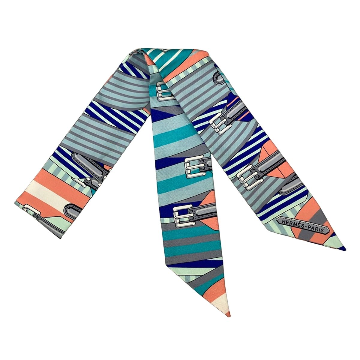 Hermes Scarf Twilly Light Gray Blue Green Multi Ribbon
