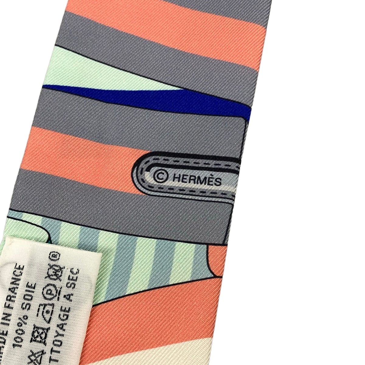 Hermes Scarf Twilly Light Gray Blue Green Multi Ribbon — view 2
