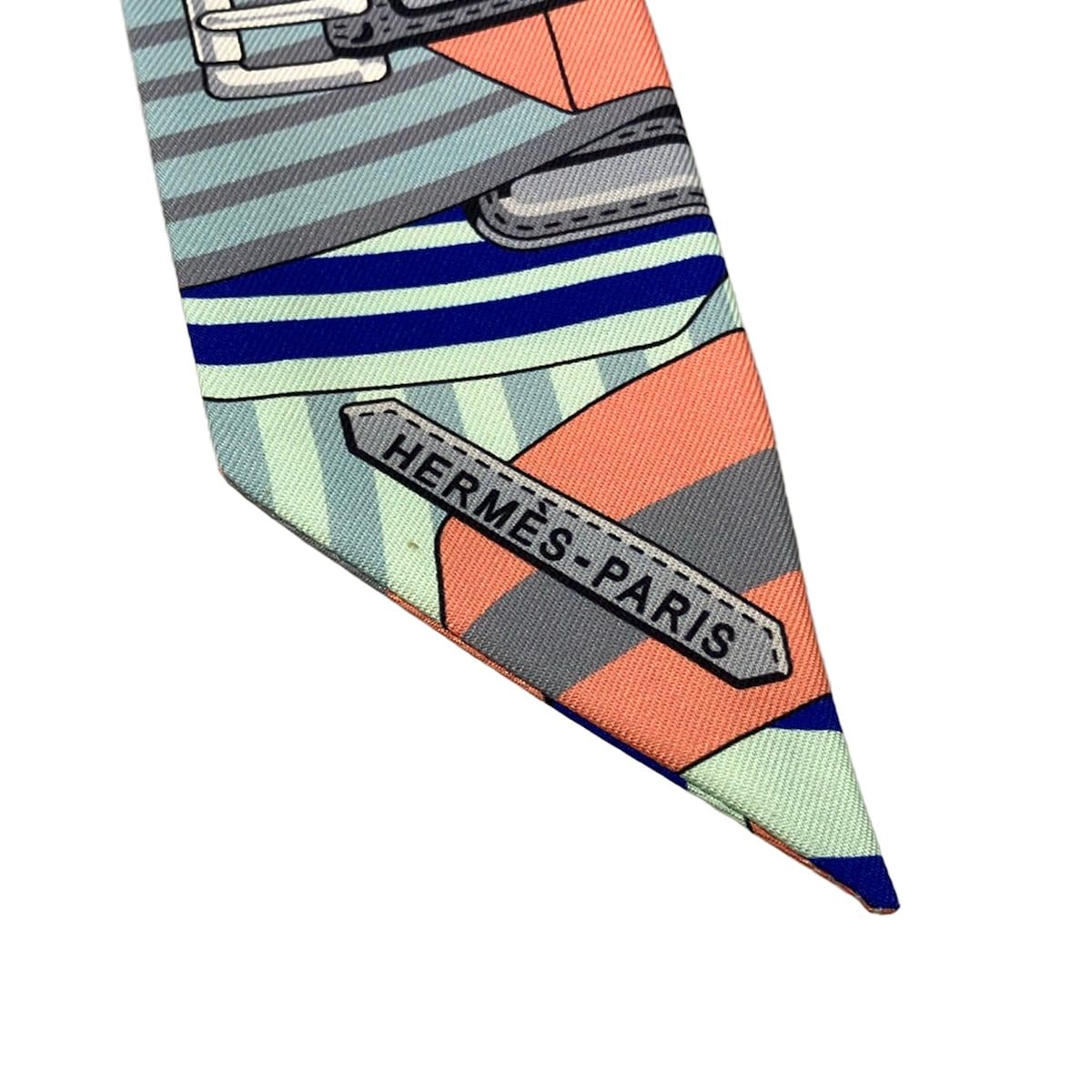 Hermes Scarf Twilly Light Gray Blue Green Multi Ribbon — view 4
