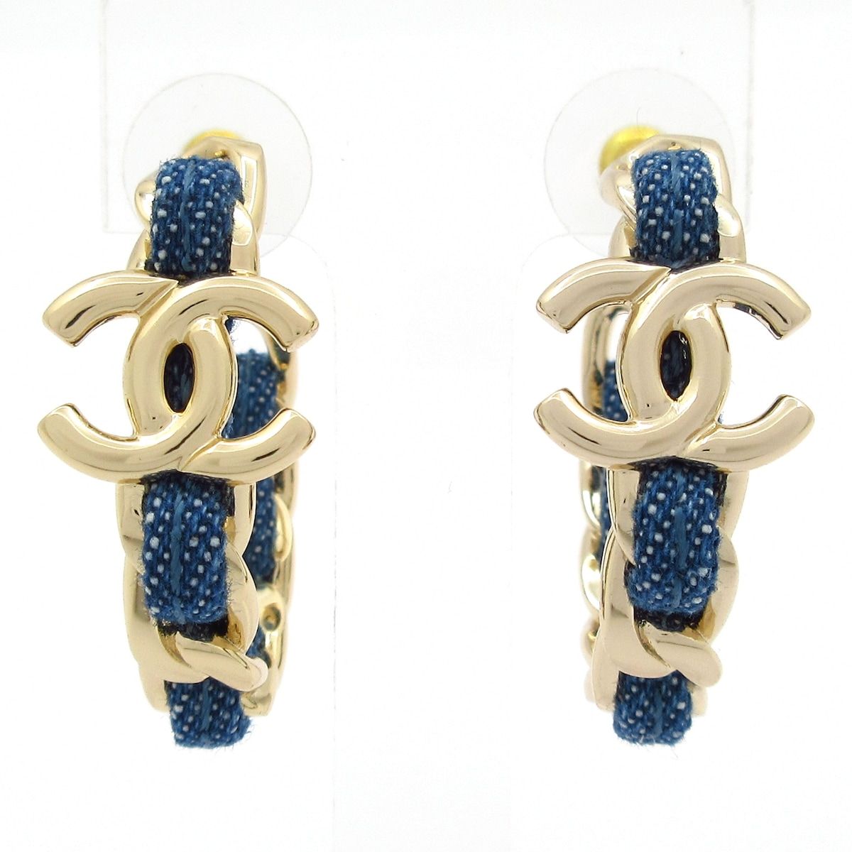Chanel Earrings CC Logo Gold Blue Hoop