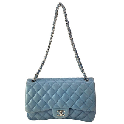 Chanel Shoulder Bag Deca Quilted Blue Silver Chain Lambskin