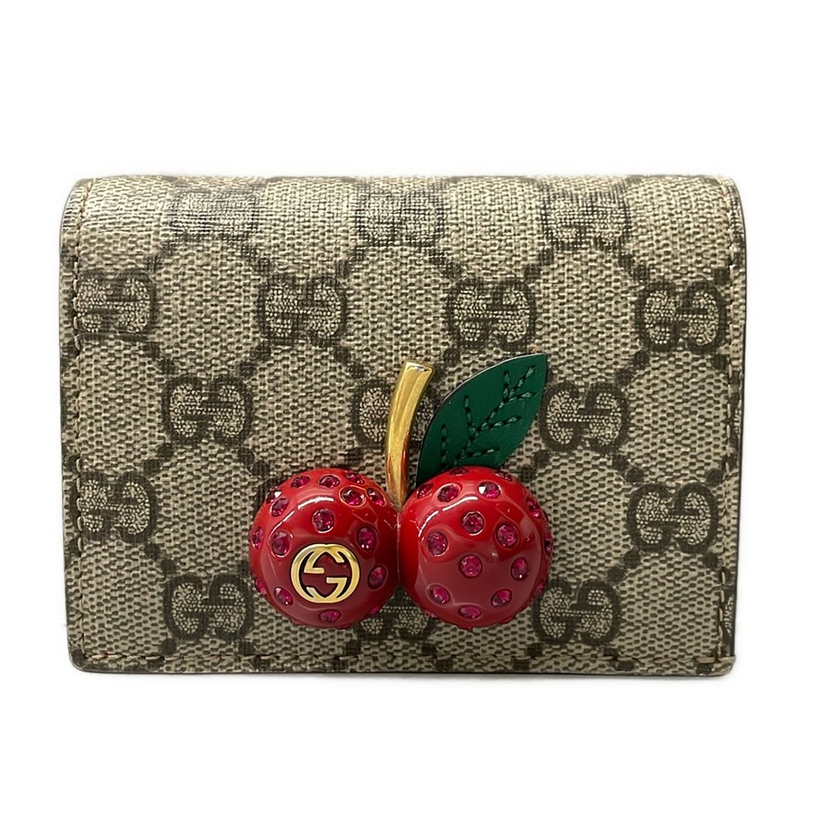 Gucci Bifold Wallet GG Supreme Beige Red Multi Rhinestone Cherry Leather