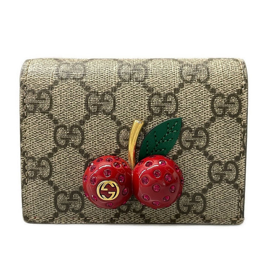 Gucci Bifold Wallet GG Supreme Beige Red Multi Rhinestone Cherry Leather