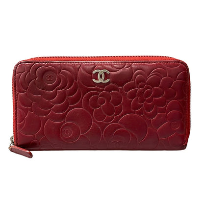 Chanel Wallet Camellia Bordeaux Silver Zip Around Gold Seal Lambskin