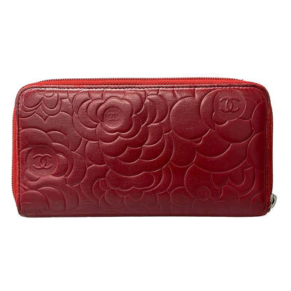 Chanel Wallet Camellia Bordeaux Silver Zip Around Gold Seal Lambskin — view 2