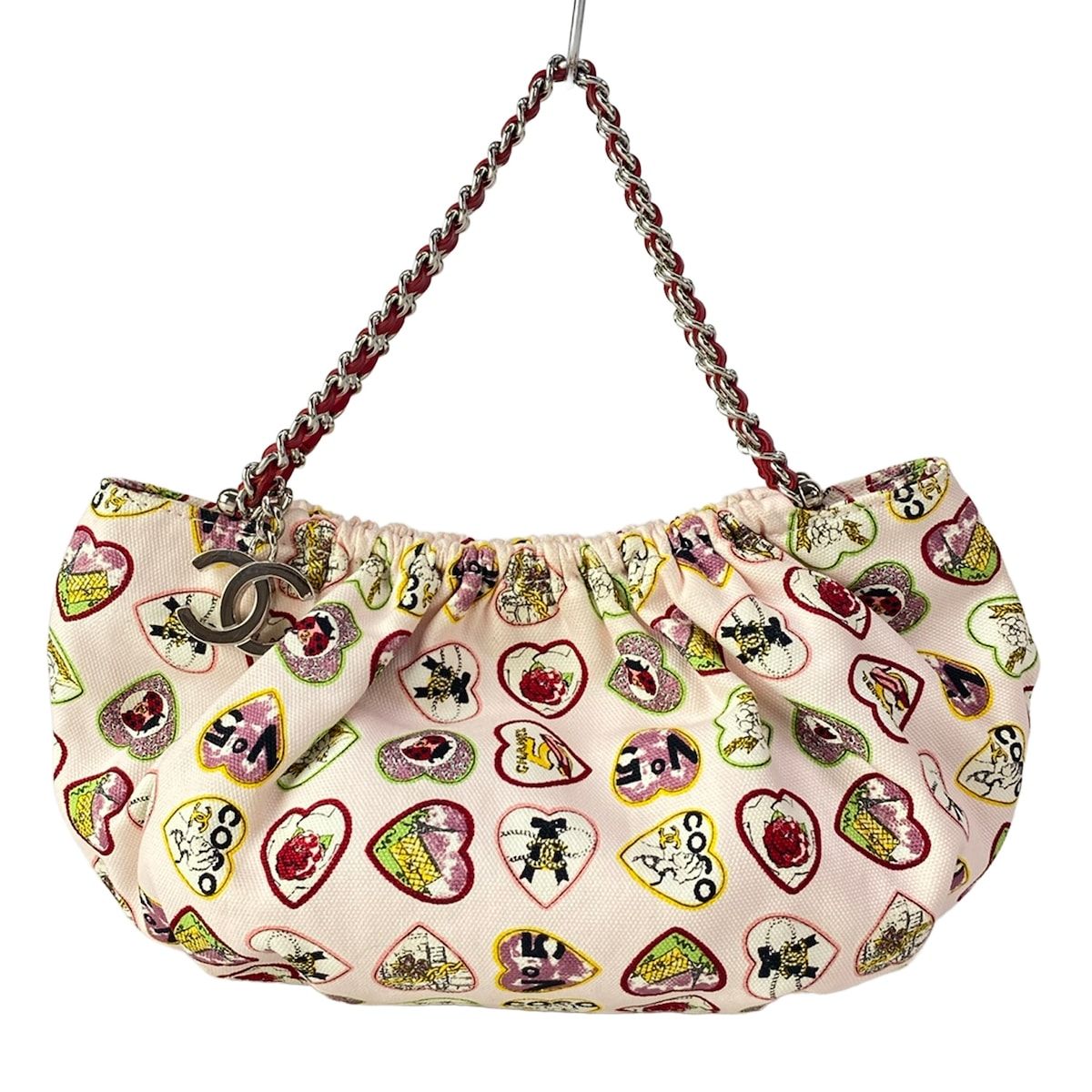 Chanel Tote Valentine Limited Light Pink Red Multi Heart Silver Chain Handle