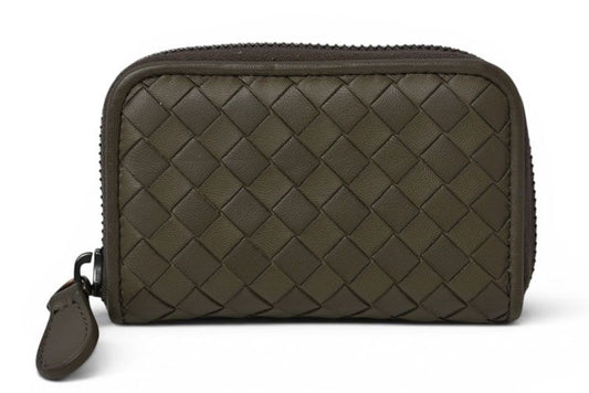 Bottega Veneta Card Case Coin Mini Wallet Intrecciato Leather Khaki Gray