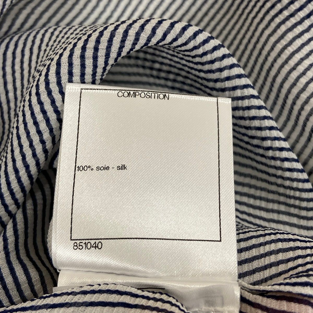 Chanel Short Sleeve Shirt Blouse 38 M Navy White Thistle Striped Ruffle Silk — view 5