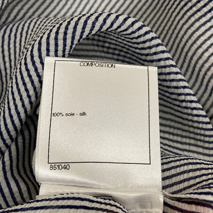 Chanel Short Sleeve Shirt Blouse 38 M Navy White Thistle Striped Ruffle Silk — view 5